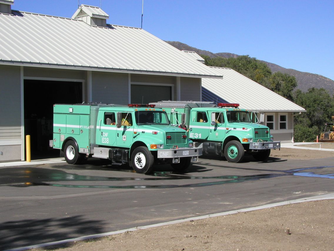 Outside view of fire station and trucks