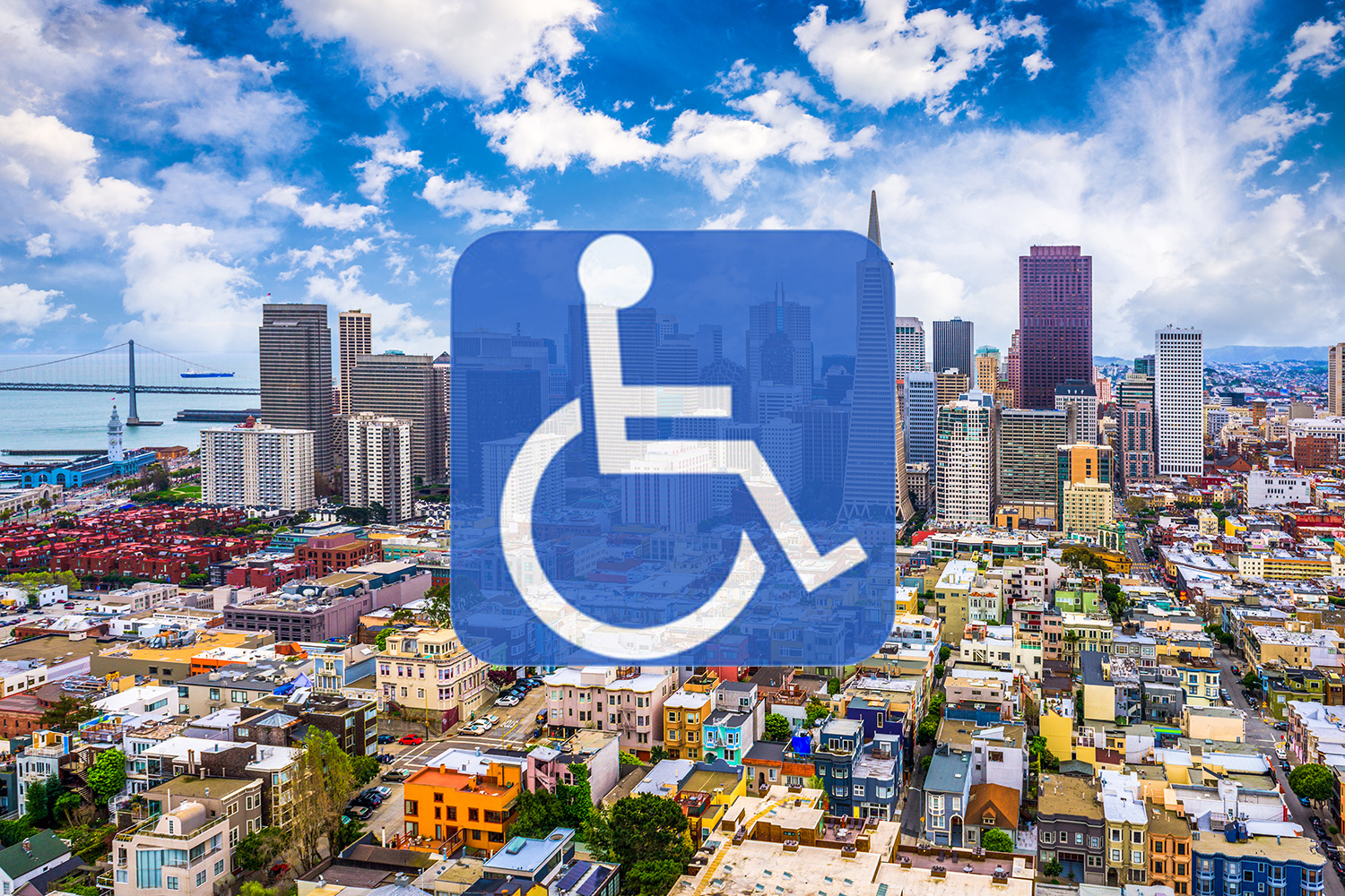 wheelchair logo with city background